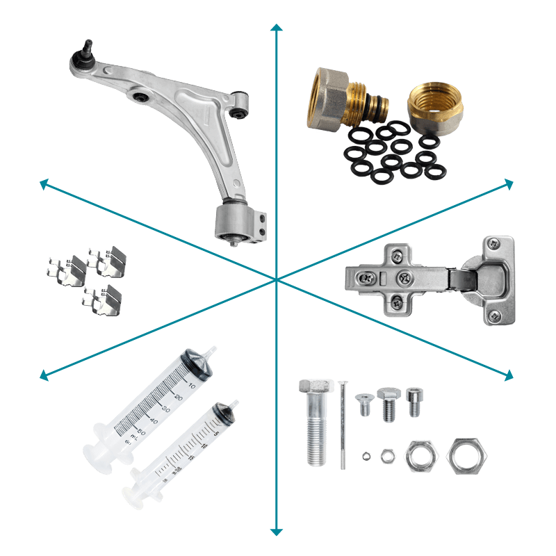 An assortment of parts being transported with the feeding solutions offered by Köberlein & Seigert.