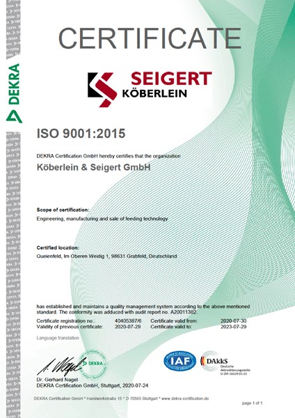 Köberlein & Seigert DEKRA ISO 9001 quality management certificate