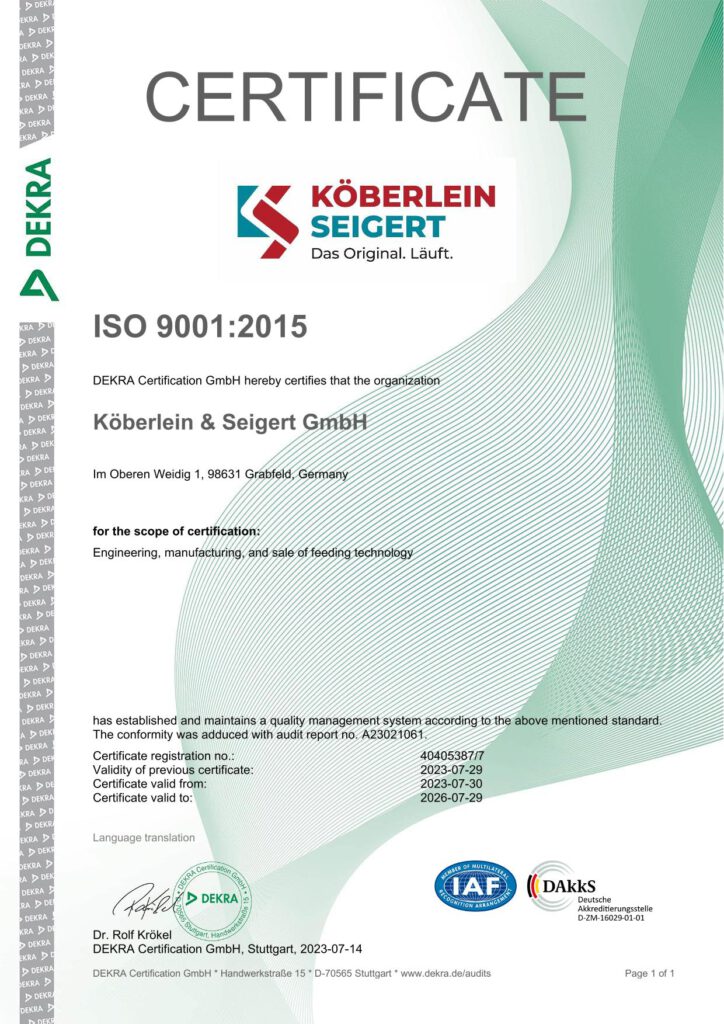 Köberlein & Seigert DEKRA ISO 9001 quality management certificate