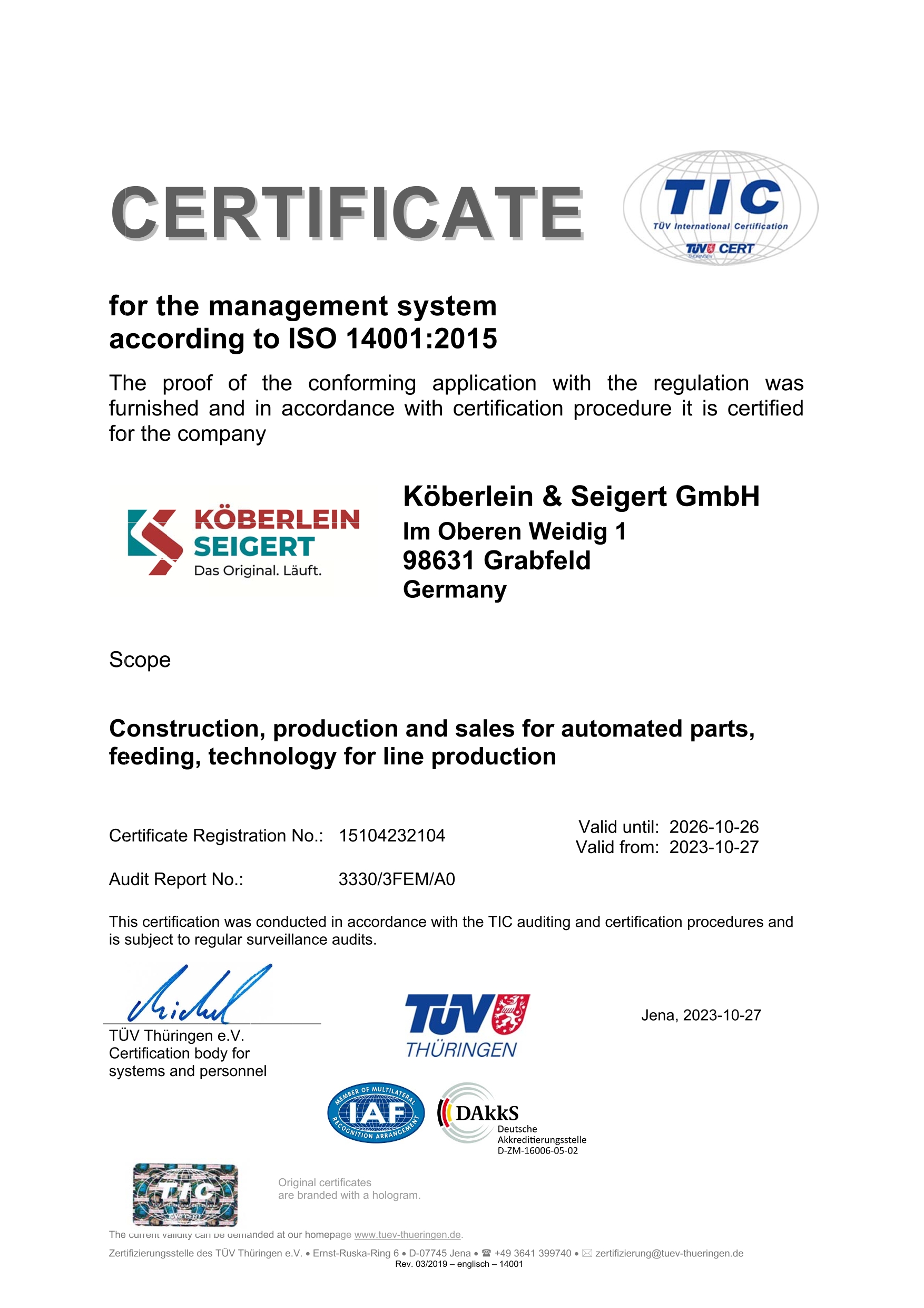 Köberlein & Seigert DEKRA ISO 9001 quality management certificate